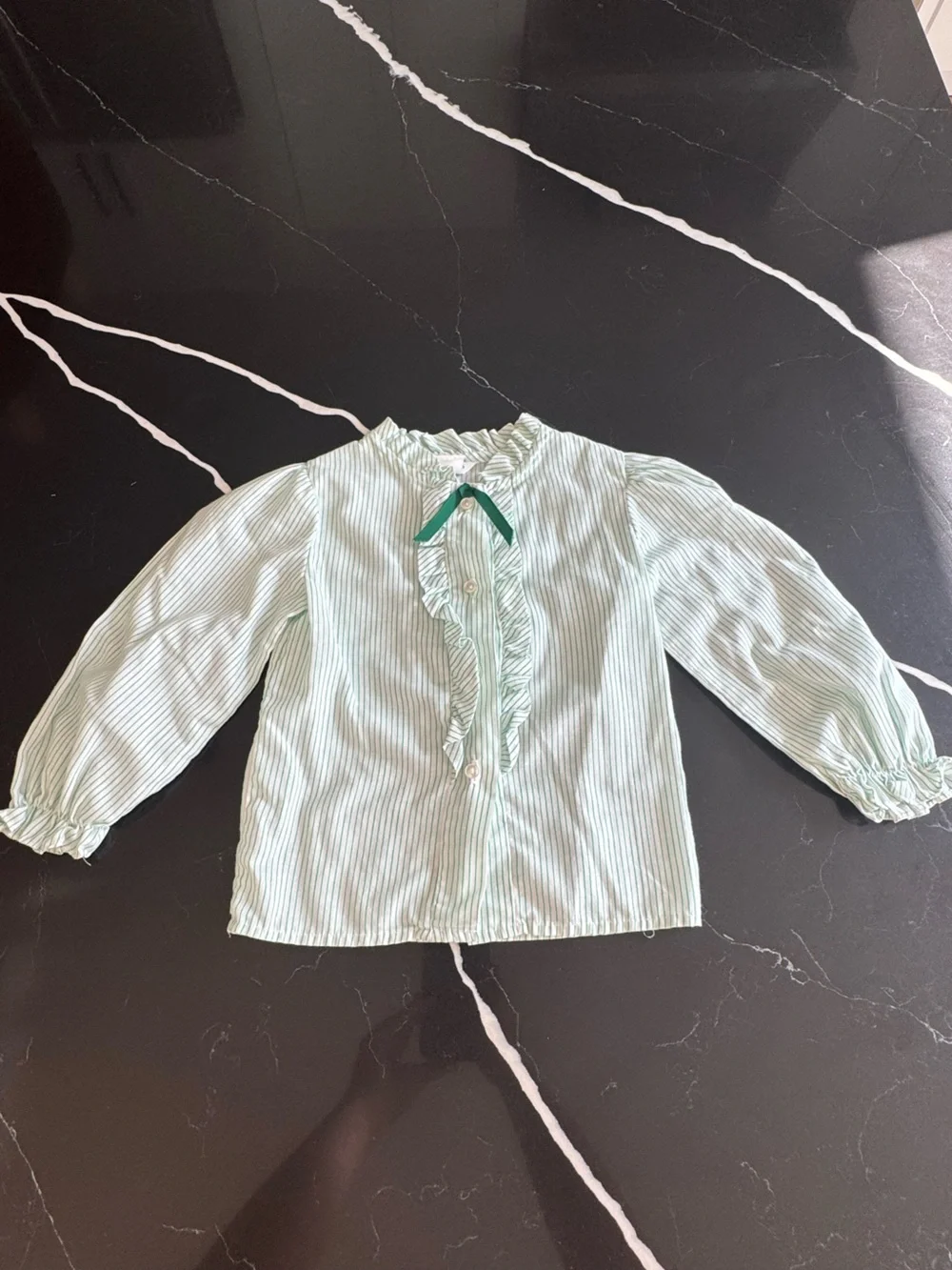 Vintage Good Lad Girls Green and White Striped Ruffle Blouse